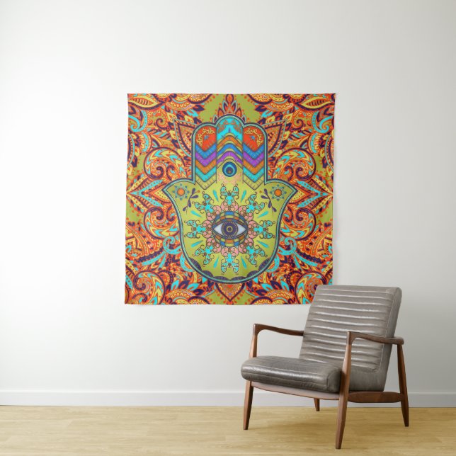 Colourful  Hamsa Hand -  Hand of Fatima Tapestry (In Situ)