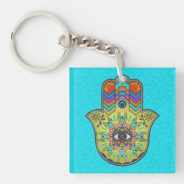 Colourful  Hamsa Hand with paisley Key Ring (Front)