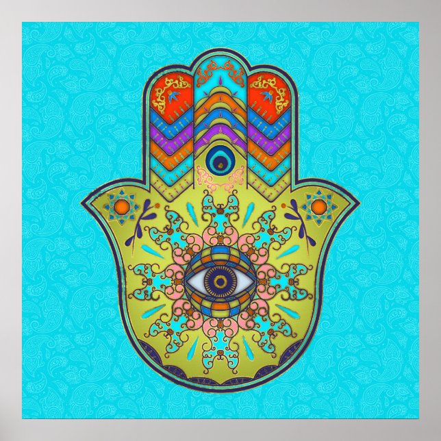 Colourful  Hamsa Hand with paisley Poster (Front)