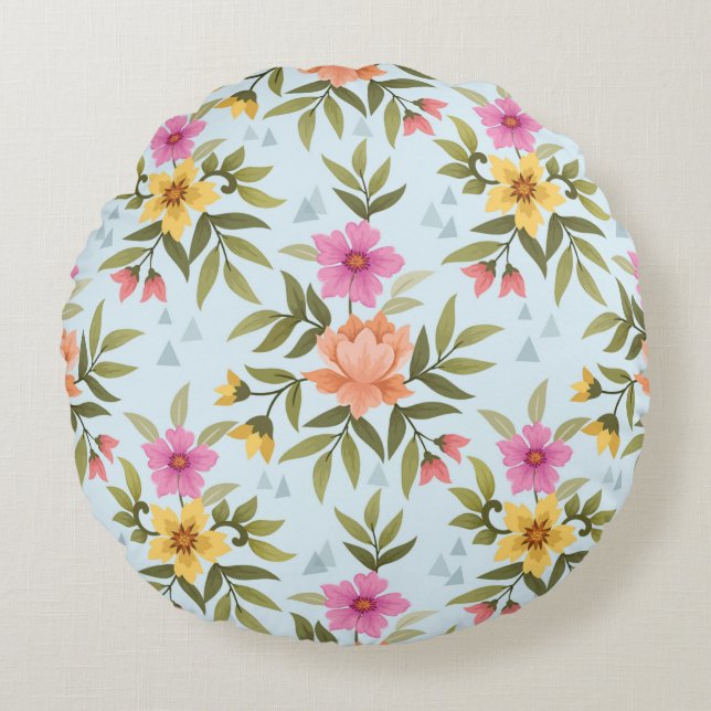 Colourful Hand Draw Flowers  Round Pillow (Front)