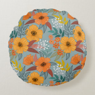 Colourful hand draw flowers seamless pattern round cushion