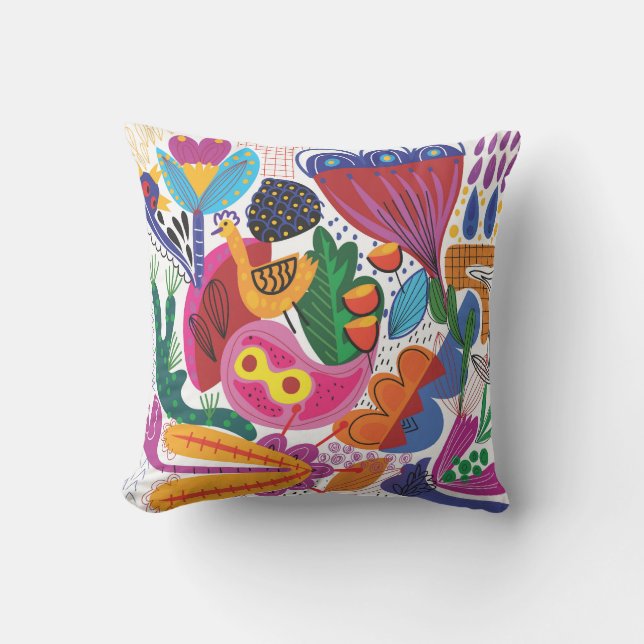 Colourful Hand Drawn Floral & Plants Cushion (Front)