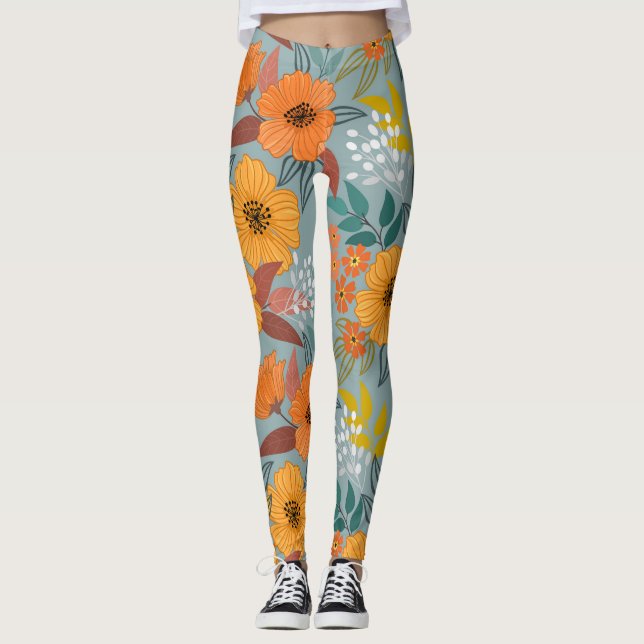 Colourful Hand Drawn Flowers Pattern Leggings (Front)