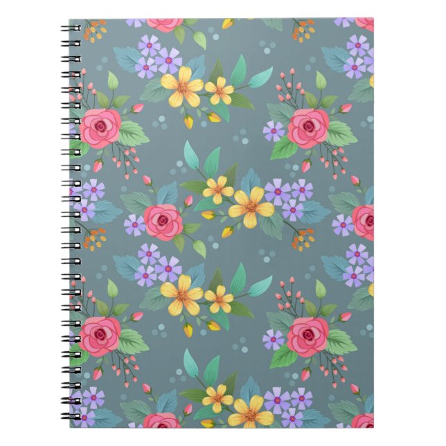 Colourful hand drawn flowers pattern vintage desig notebook (Front)