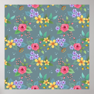 Colourful hand drawn flowers pattern vintage desig poster