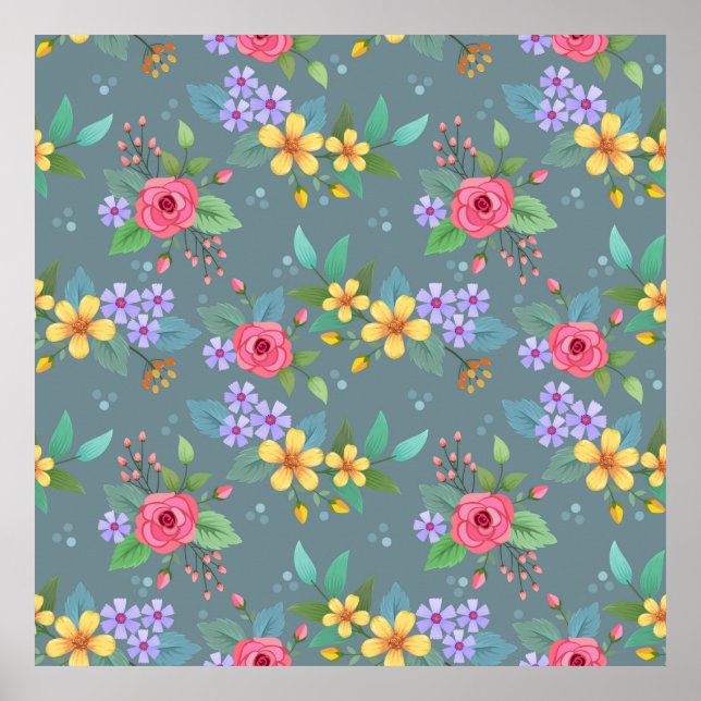 Colourful hand drawn flowers pattern vintage desig poster (Front)