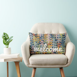 Colourful Hand Drawn Forest of Playful Pine Trees Lumbar Cushion