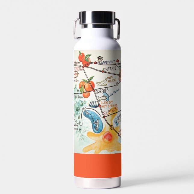 Colourful Hand-Drawn Map Riverside CA Water Bottle (Front)