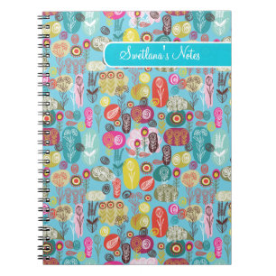 Colourful Hand Drawn Retro Flowers-Monogram Notebook