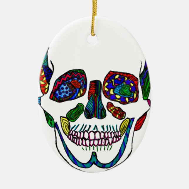 Colourful Hand Drawn Sugar Skull Mosaic Ceramic Ornament (Front)