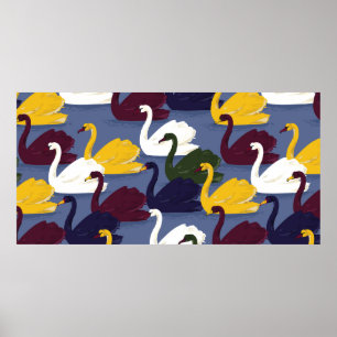 Colourful hand drawn swan bird in the blue lake se poster
