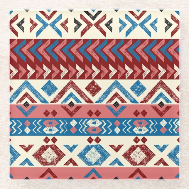 Colourful Hand-Drawn Tribal Pattern Glass Coaster (Front)