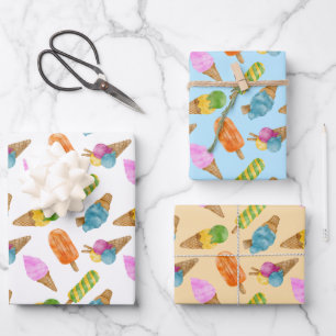 Colourful  hand drawn watercolor ice cream pattern wrapping paper sheet