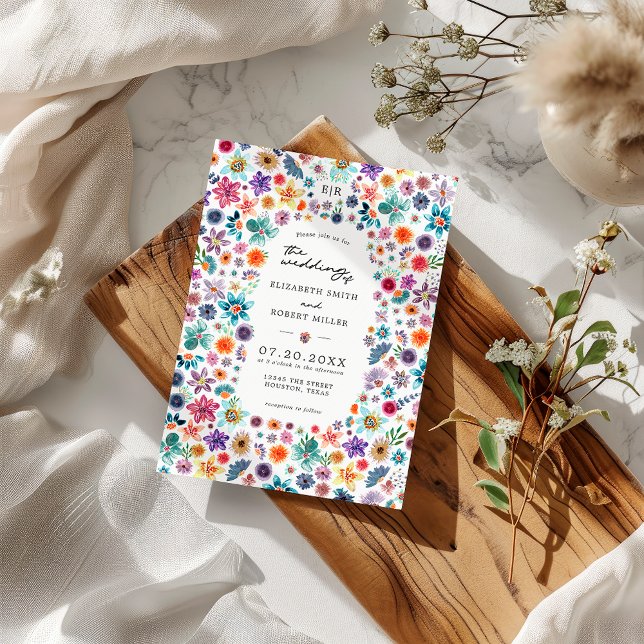 Colourful Hand Painted Wildflower Garden Wedding Invitation (Front)