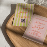 Colourful Hand Written Pinstripes QR Code Wedding Invitation<br><div class="desc">This wedding invitation is perfect for your wedding if you are looking for an elegant unique and easy editable invitation .An elegant unique simple minimalist pink and orange wedding template invitation. as you see it features plain pink background. And orange bright hand written bride's and groom's first names and script...</div>