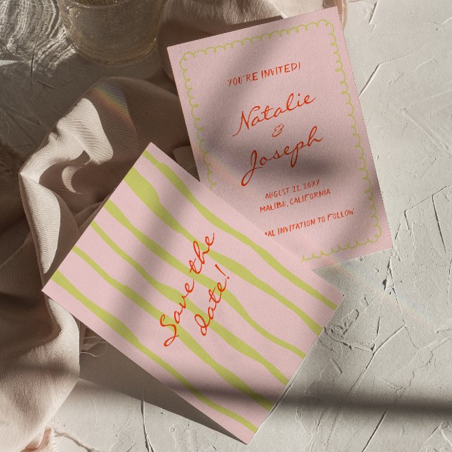Colourful Hand Written Retro Pinstripes Fun Weddin Save The Date (Creator Uploaded)