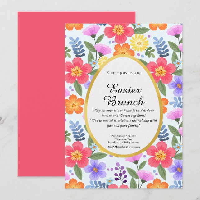 Colourful Handdrawn Floral Pink Easter Brunch Invitation (Front/Back)