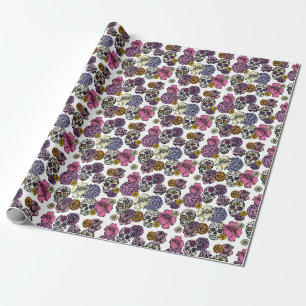Colourful Handdrawn Mexican Sugar Skulls & Flowers Wrapping Paper