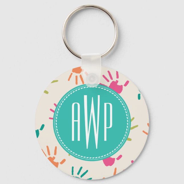 Colourful Handprints Monogram Teacher Key Ring (Front)