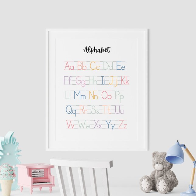 Colourful Handwritten Alphabet Educational Poster (Colorful Handwritten Alphabet Educational Poster on the wall in white frame.)