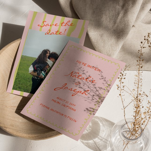 Colourful Handwritten Retro Pinstripe Photo Weddin Save The Date (Creator Uploaded)