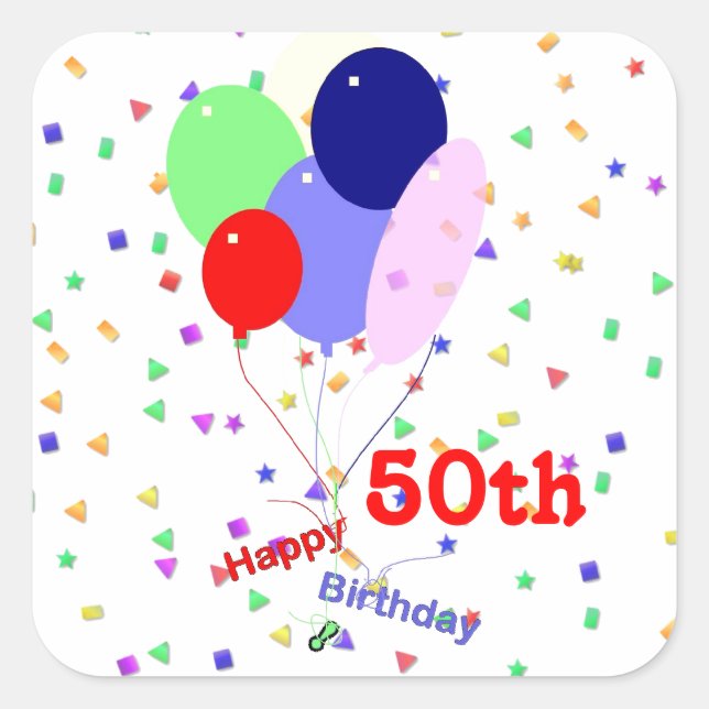 Colourful Happy 50th Birthday Balloons Square Sticker (Front)