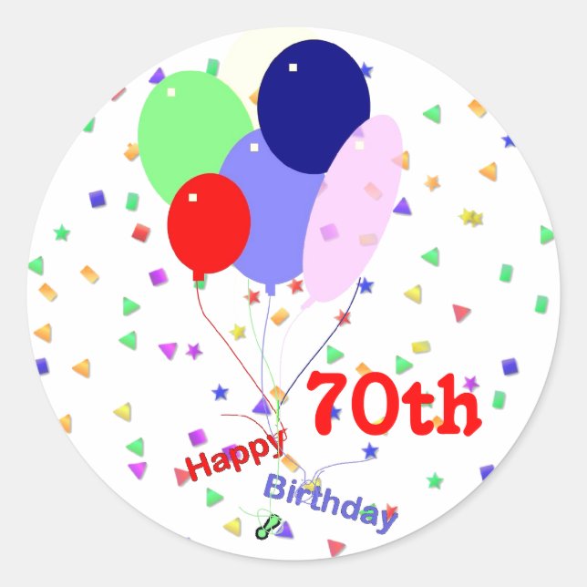 Colourful Happy 70th Birthday Balloons Classic Round Sticker (Front)