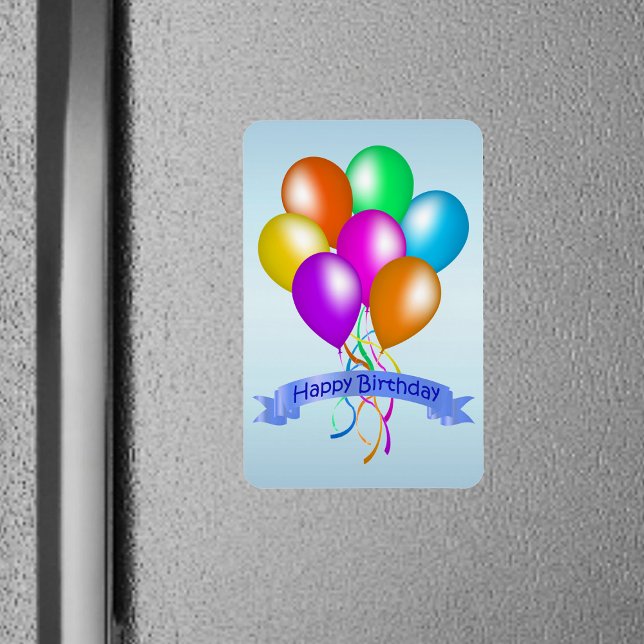 Colourful Happy Birthday Balloons Banner Party Magnet (Bunch bright festive balloons Happy Birthday banner on blue magnet.)