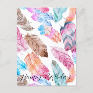 Colourful Happy Birthday  Boho Feathers Postcard