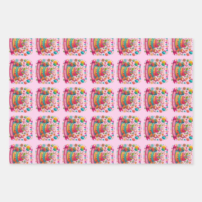 Colourful Happy Birthday Cake Celebration Wrapping Paper Sheet (Front)