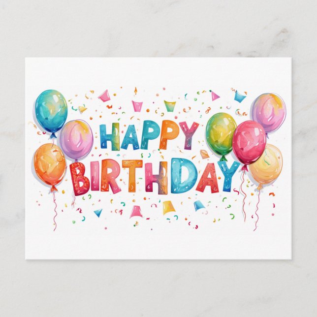 Colourful Happy Birthday Confetti And Balloons  Postcard (Front)