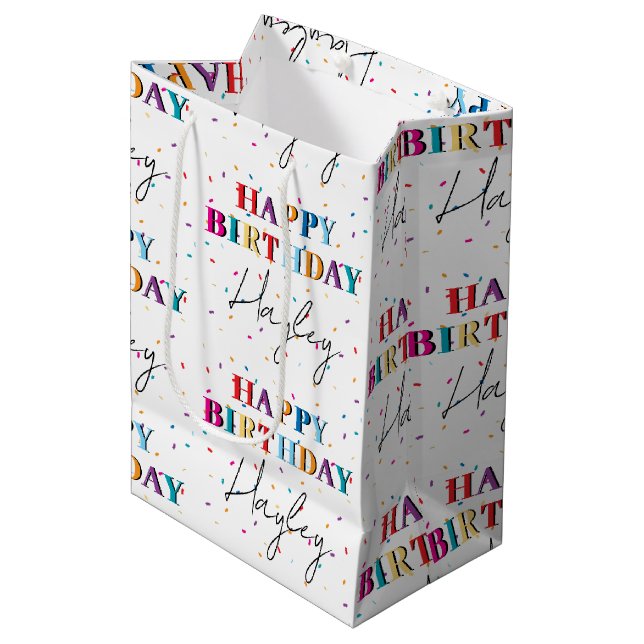 Colourful Happy Birthday Custom Name Confetti Medium Gift Bag (Front Angled)