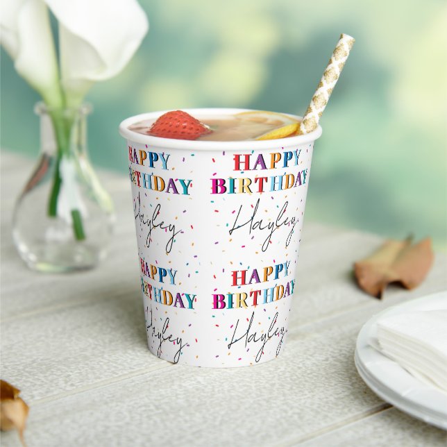 Colourful Happy Birthday Custom Name Confetti Paper Cups (Insitu)
