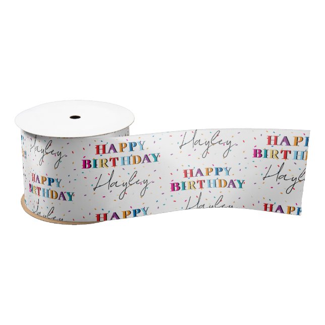 Colourful Happy Birthday Custom Name Confetti Satin Ribbon (Spool)