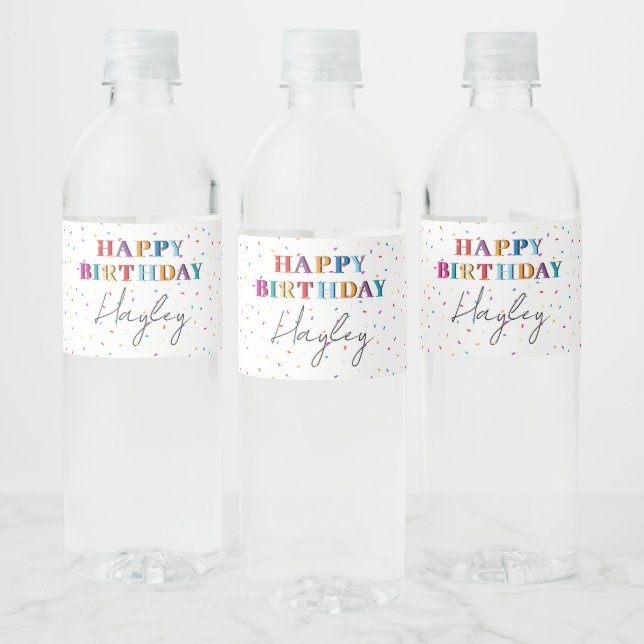 Colourful Happy Birthday Custom Name Confetti Water Bottle Label (Bottles)