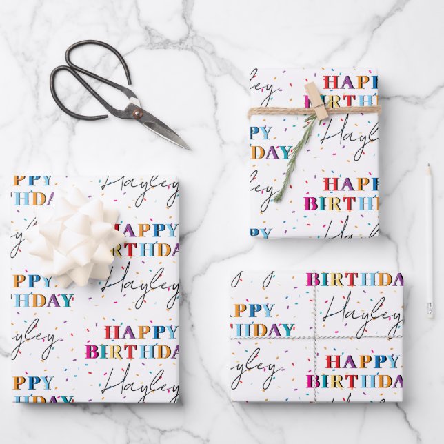 Colourful Happy Birthday Custom Name Confetti Wrapping Paper Sheet (Front)