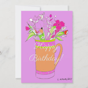 Colourful Happy Birthday Flowers In Mug  Holiday Card