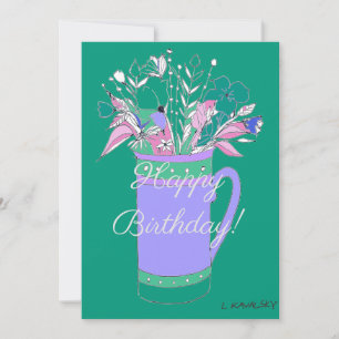 Colourful Happy Birthday Flowers In Mug Holiday Card