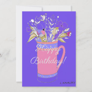 Colourful Happy Birthday Flowers In Mug Holiday Card