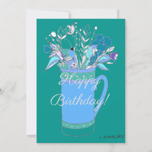 Colourful Happy Birthday Flowers In Mug  Holiday Card