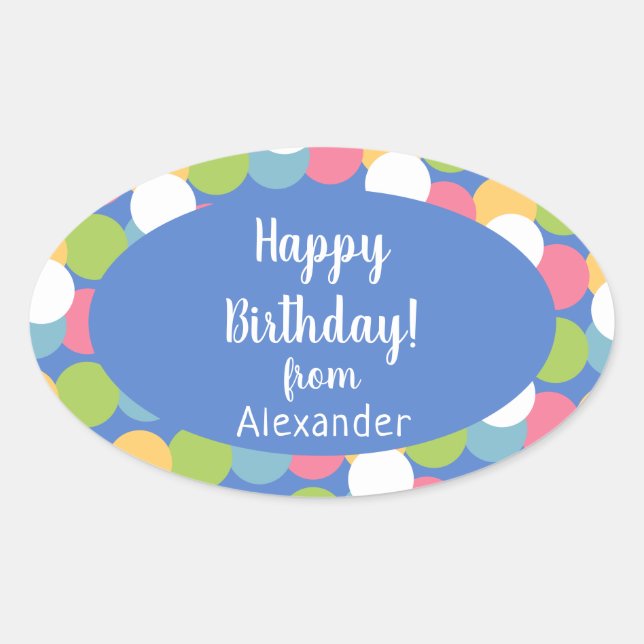Colourful Happy Birthday from Name Blue Oval Sticker (Front)