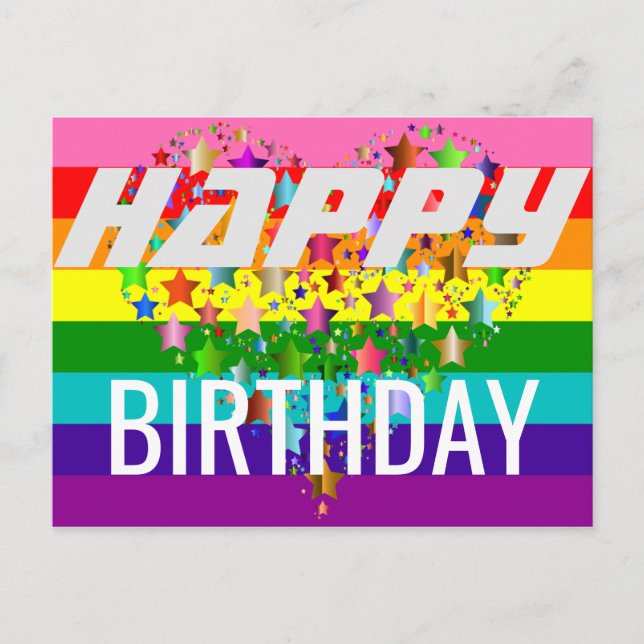 Colourful Happy Birthday Heart LGBT Rainbow Flag Postcard (Front)