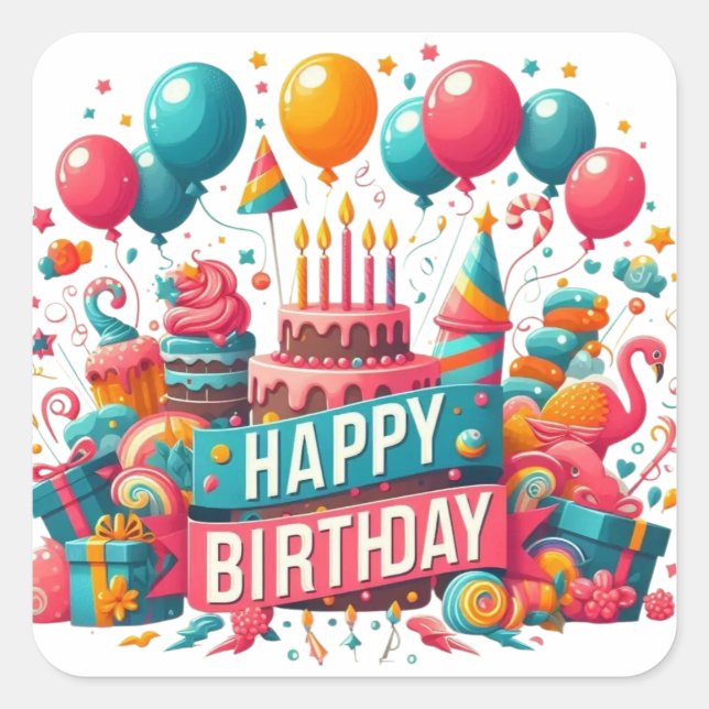 Colourful Happy Birthday Party Explosion Square Sticker (Front)