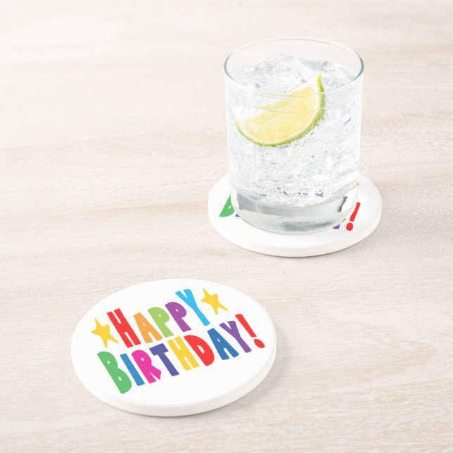 Colourful Happy Birthday Text Coaster (Side)