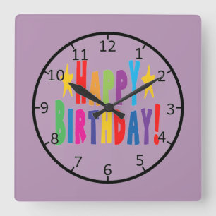 Colourful Happy Birthday Text Square Wall Clock