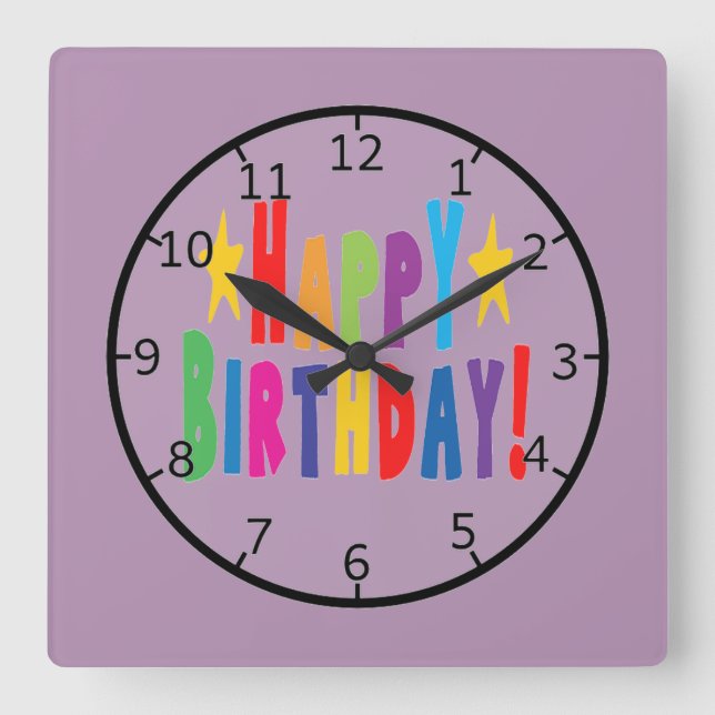Colourful Happy Birthday Text Square Wall Clock (Front)