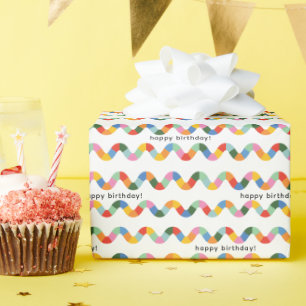 Colourful Happy Birthday Text Wavy Stripe Pattern Wrapping Paper