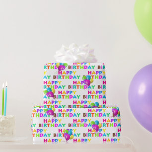 Colourful Happy Birthday Text With Balloons Wrapping Paper