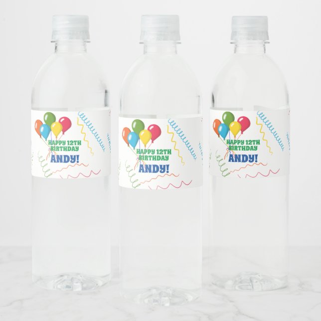 Colourful Happy Birthday with Balloons Water Bottle Label (Bottles)