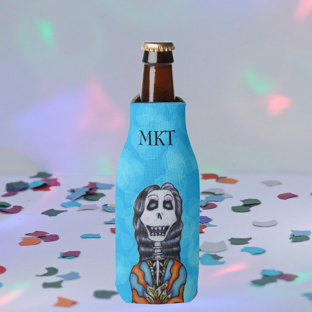 Colourful Happy Day of the Dead Skeleton Bottle Cooler (Smiling Day of the Dead lady black hair white flowers colourful cape on blue drink bottle cooler.)